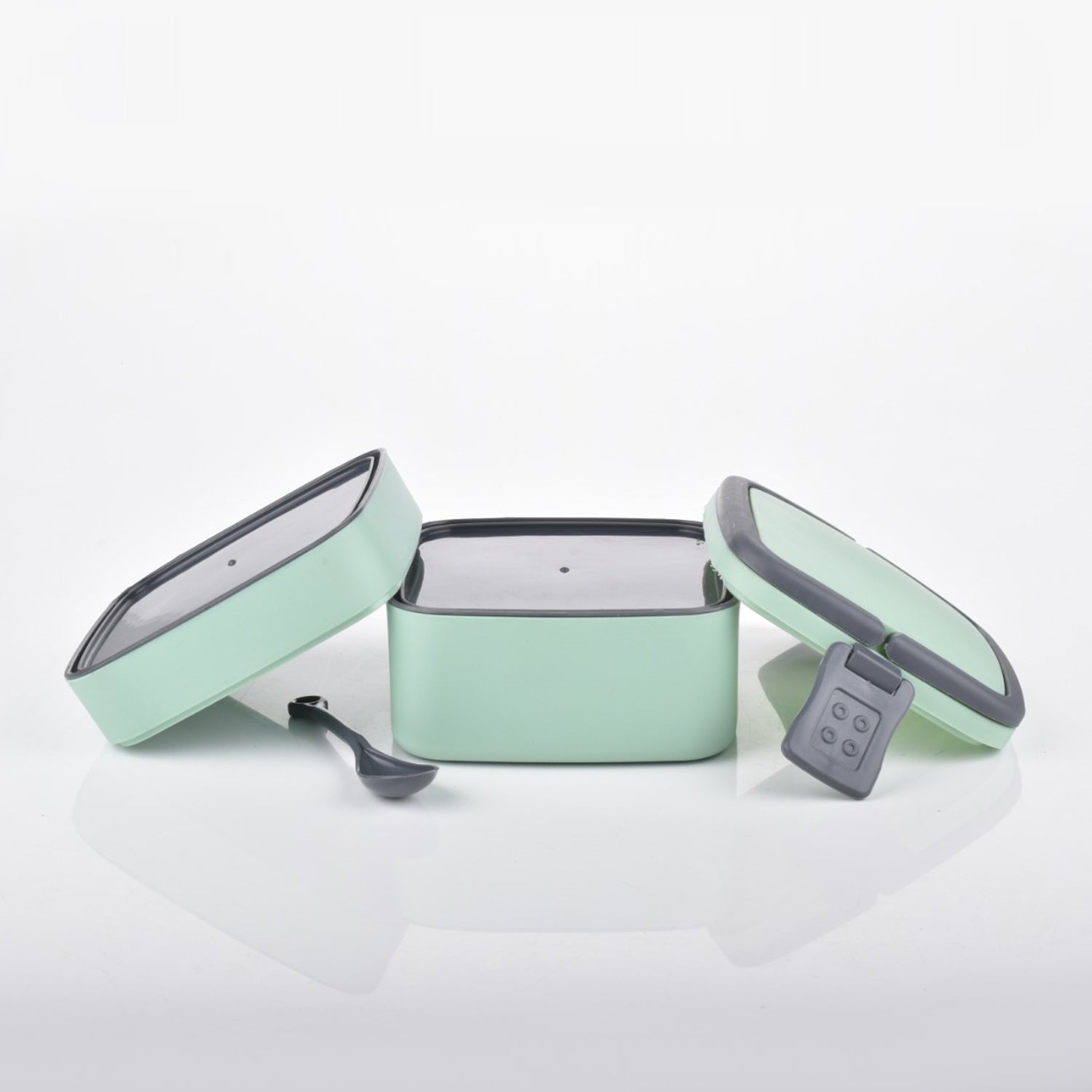 Green Double-layer Portable Lunch Box Stackable With Carrying Handle And Spoon Lunch Box