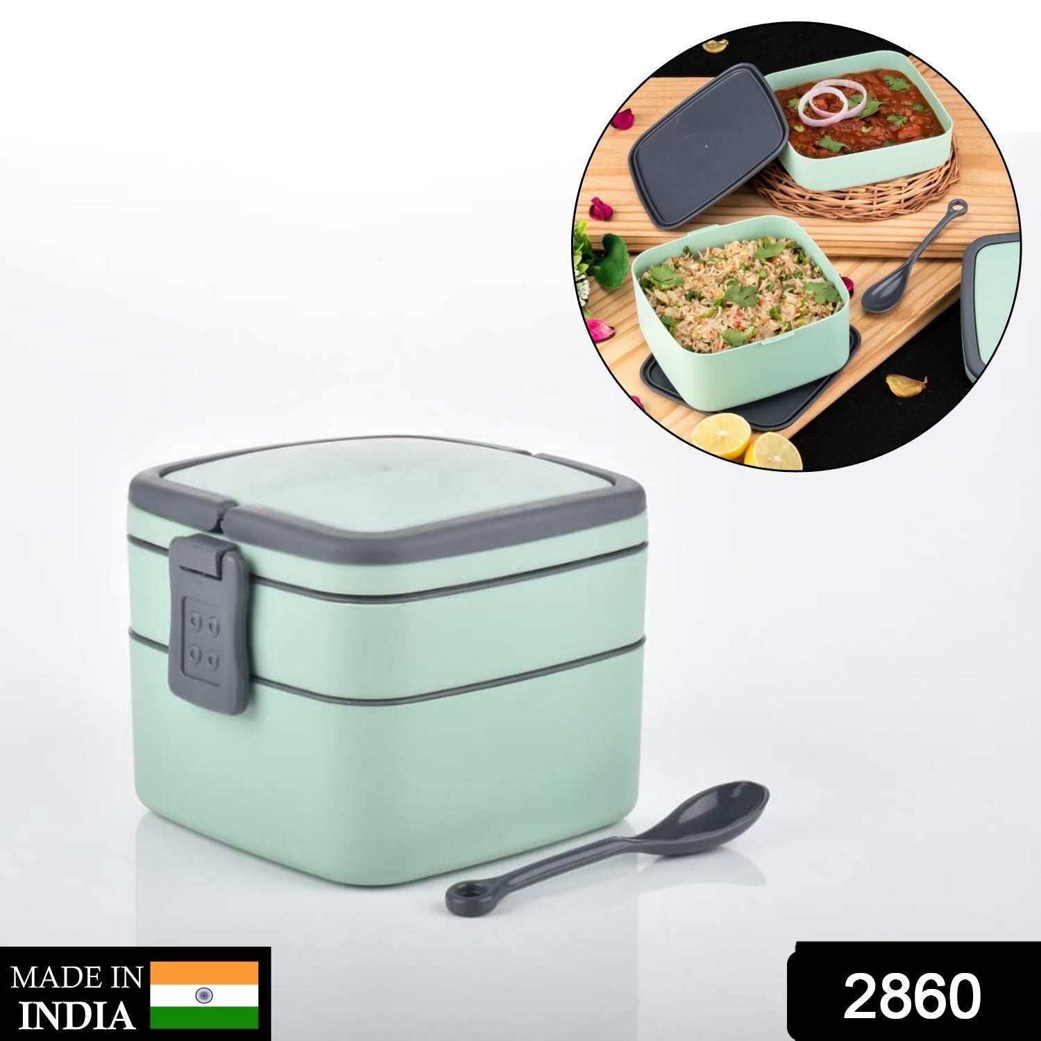 Green Double-layer Portable Lunch Box Stackable With Carrying Handle And Spoon Lunch Box